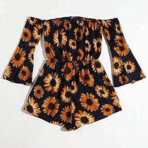 Off Shoulder Sunflower Floral Boho Festival Flounce Shorts Jumpsuit Romper M